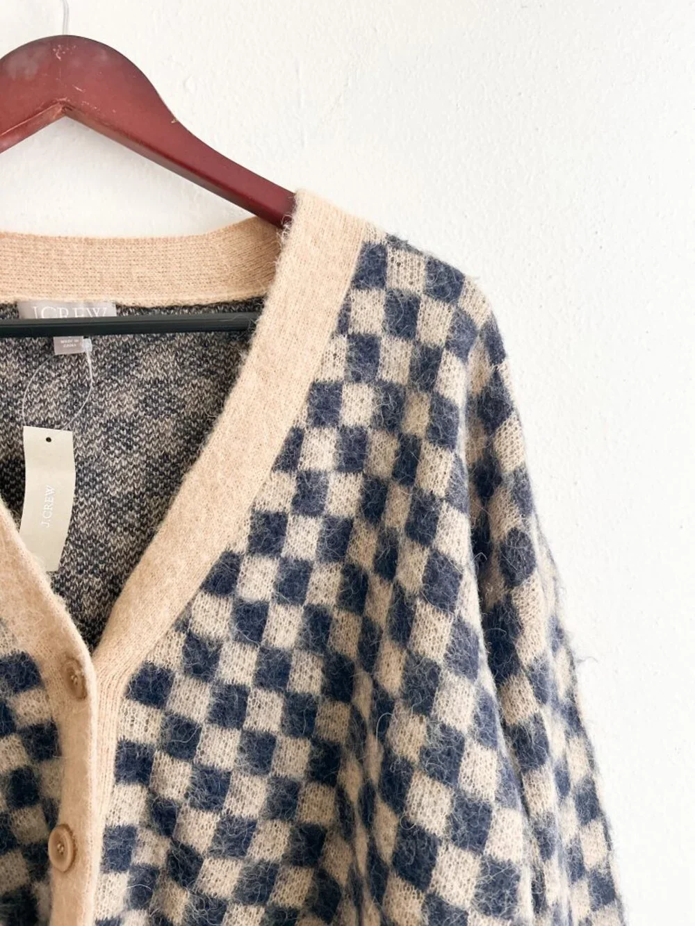 NWT J. Crew Checkered V-neck Cardigan Sweater Brushed‎ Yarn in Sandy Beach Navy